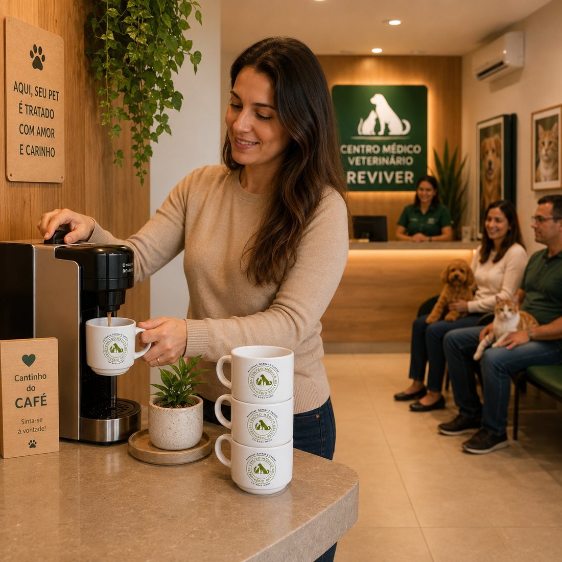 Recepcionista servindo café em xícara personalizada na recepção de um espaço de atendimento