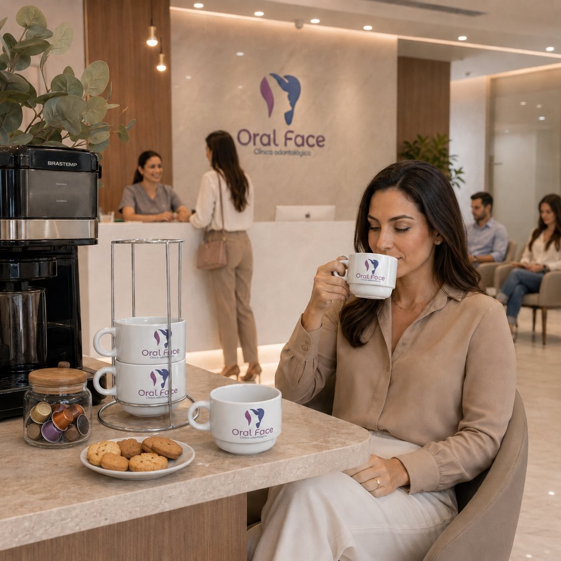 Xícaras de café personalizadas com a logo de uma clínica, no suporte de metal em uma recepção elegante